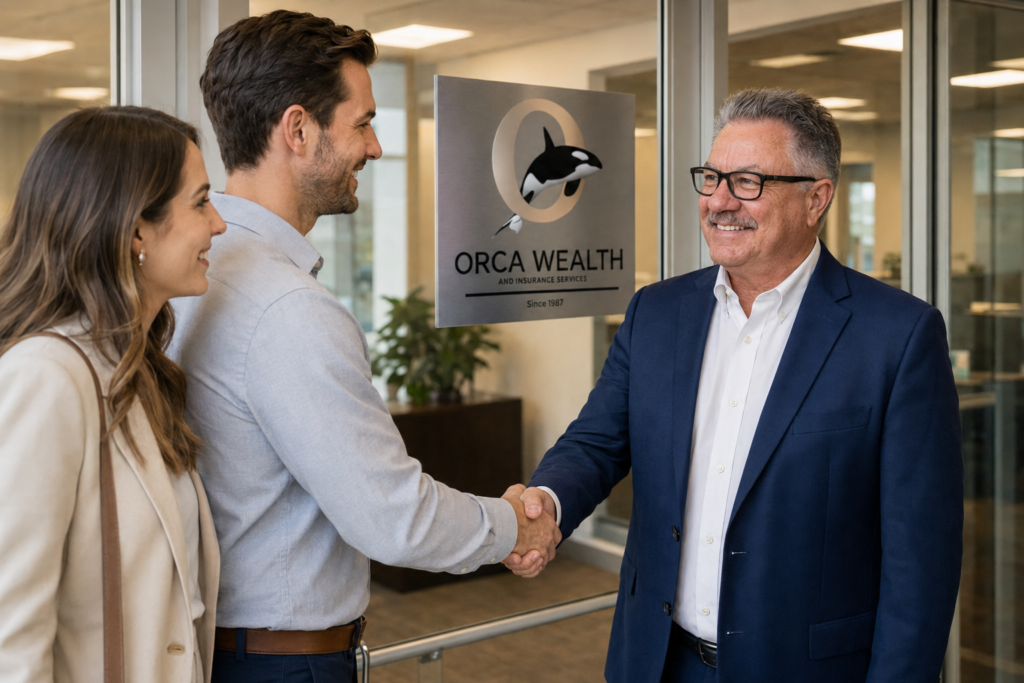 Dave Shortill welcoming a young couple to Orca Wealth and Insurance Services