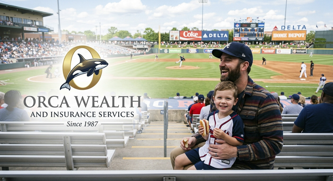 Father and young son enjoying a baseball game, with Orca Wealth and Insurance Services branding